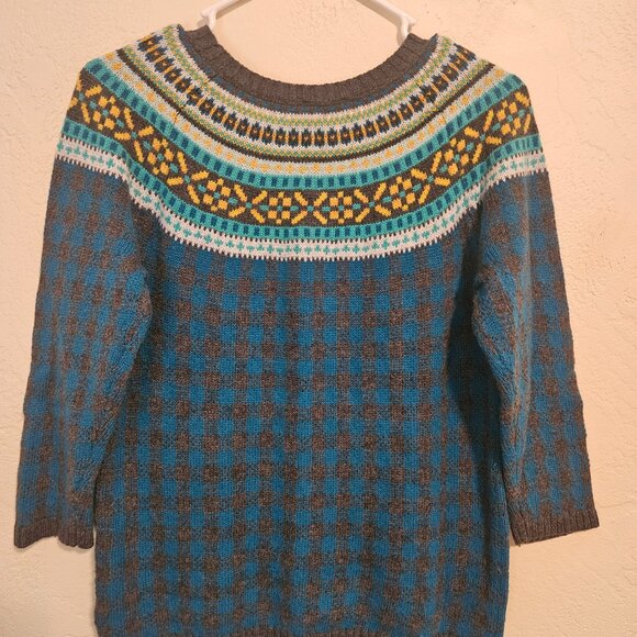 Talbots Womens Fair Isle Wool Blend 3/4 Sleeves Crew Sweater Medium Petite Blue - Picture 3 of 8